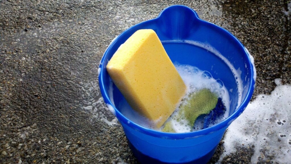 a blue bucket of soapy water with a sponge in it