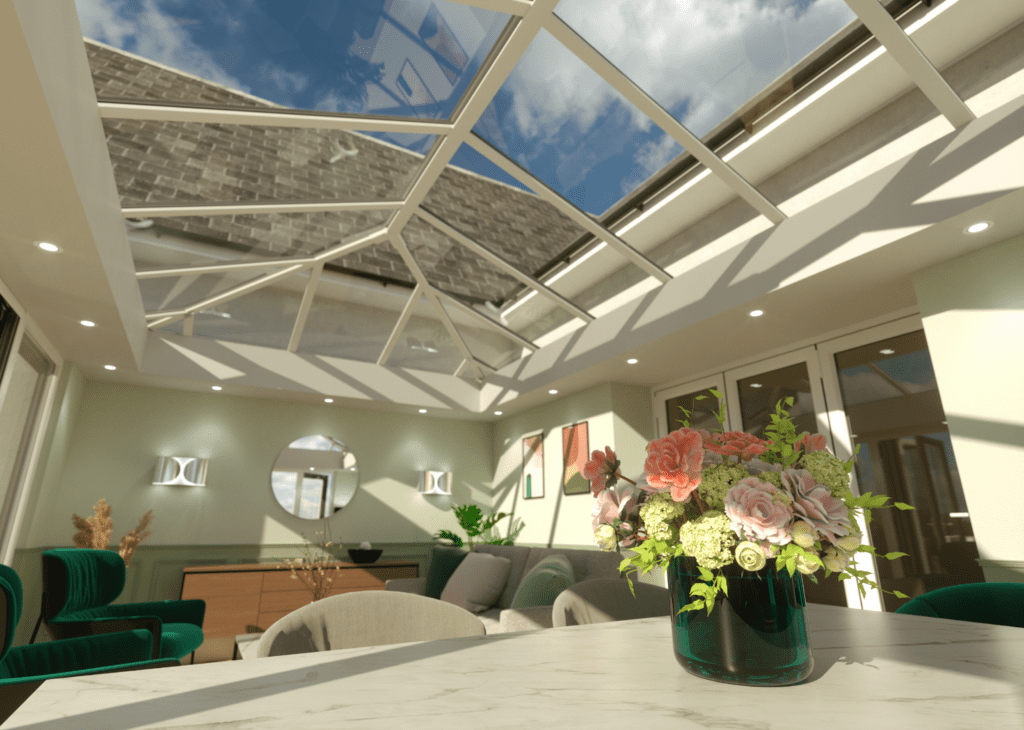 Bright modern conservatory interior with a glass roof, green walls, and a dining table with flowers.