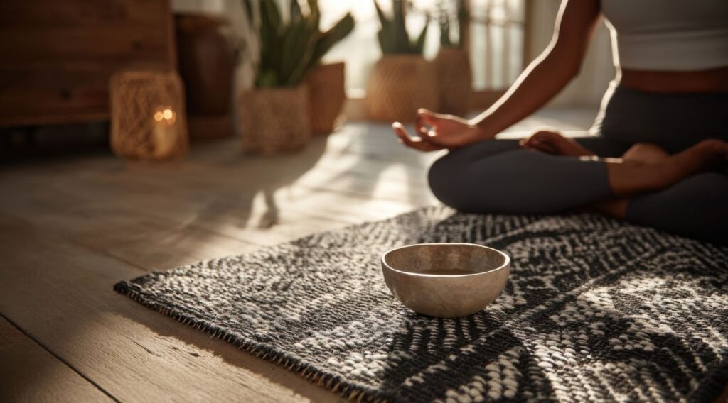 A lady sat in a cross-legged Lotus, meditating in her front room, surrounded by plants